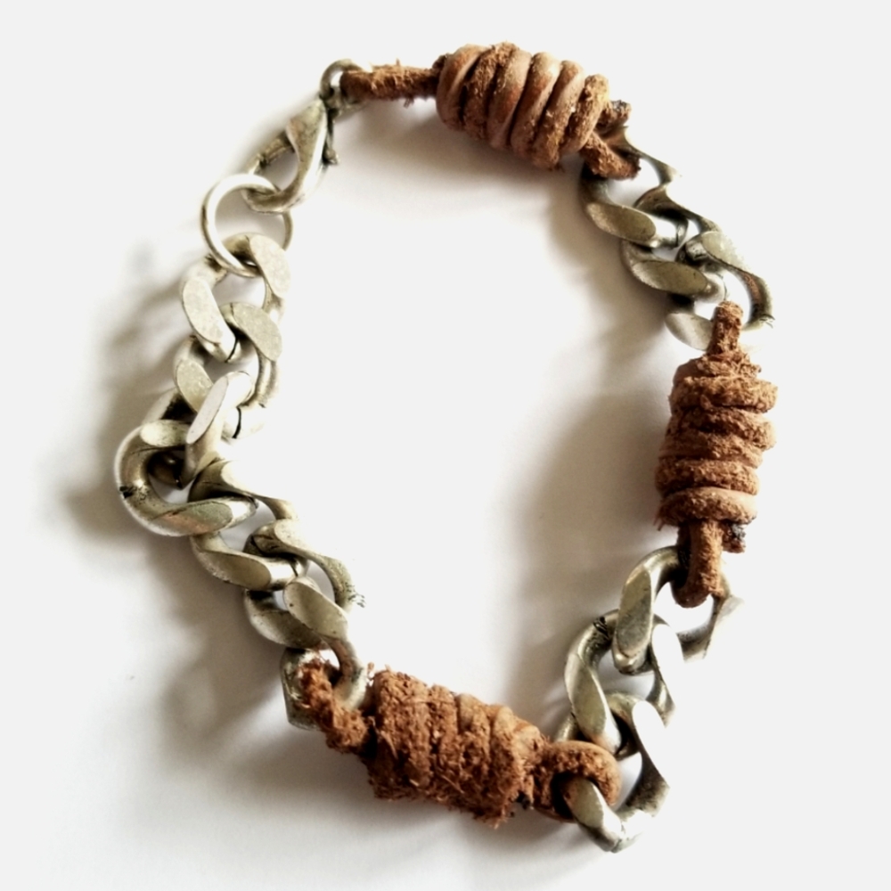 leather and chain bracelet bold chunky brown unisex silver tone